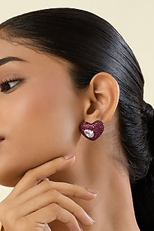 Gold Finish Red & White Stone Stud Earrings