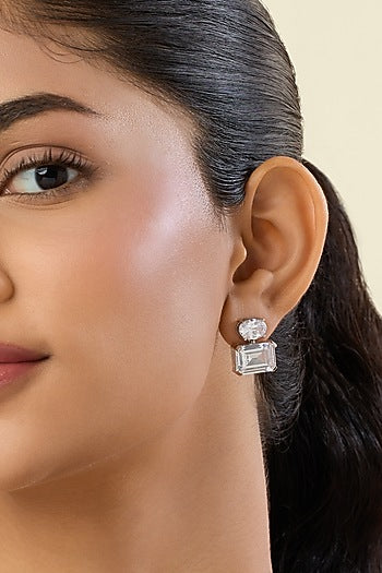 White Rhodium Finish White Synthetic Stone Stud Earrings