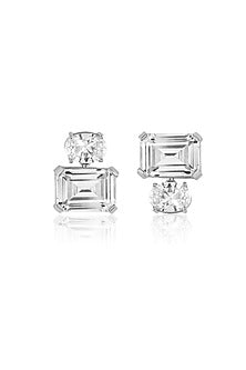 White Rhodium Finish White Synthetic Stone Stud Earrings