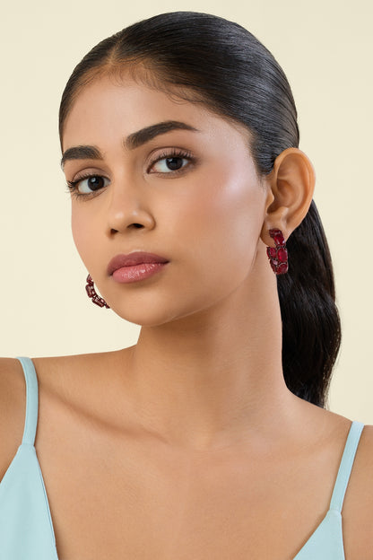 White Rhodium Finish Ruby Doublet Stone Hoop Earrings
