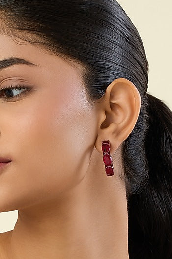 White Rhodium Finish Ruby Doublet Stone Hoop Earrings