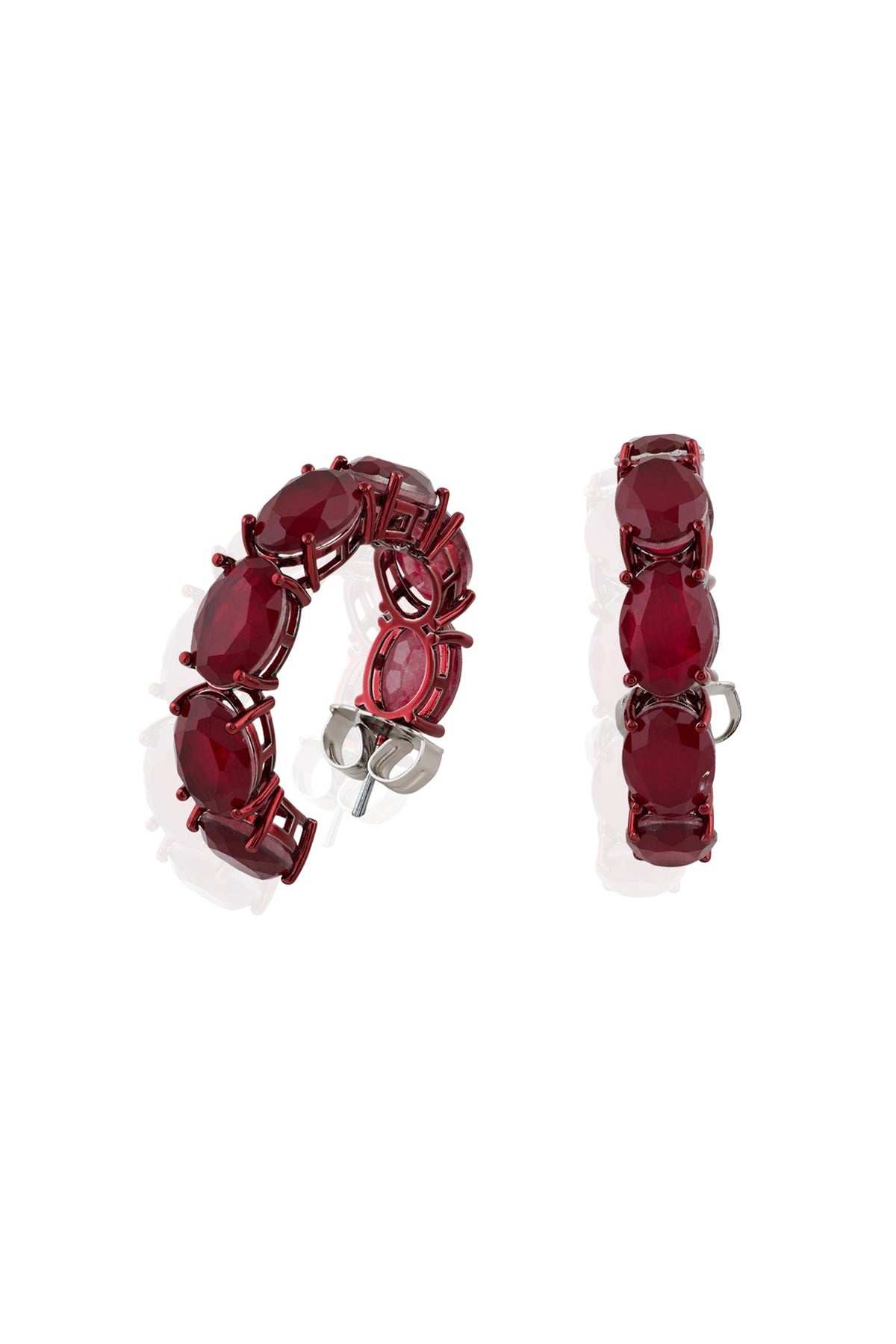 White Rhodium Finish Ruby Doublet Stone Hoop Earrings
