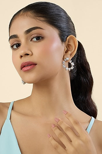 White Rhodium Finish Faceted Stone Stud Earrings