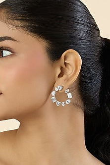 White Rhodium Finish Faceted Stone Stud Earrings