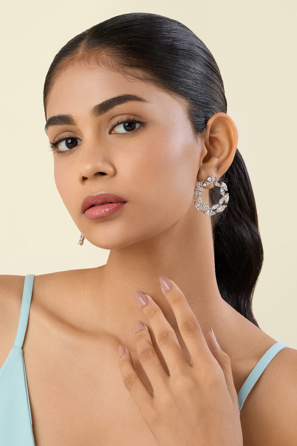 White Rhodium Finish Gem Stone Stud Earrings