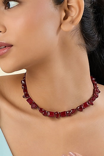 White Rhodium Finish Ruby Doublet Stone Choker Necklace