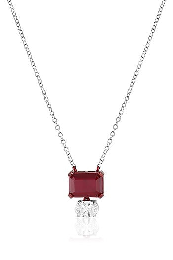White Rhodium Finish Ruby Doublet Stone Pendant Necklace