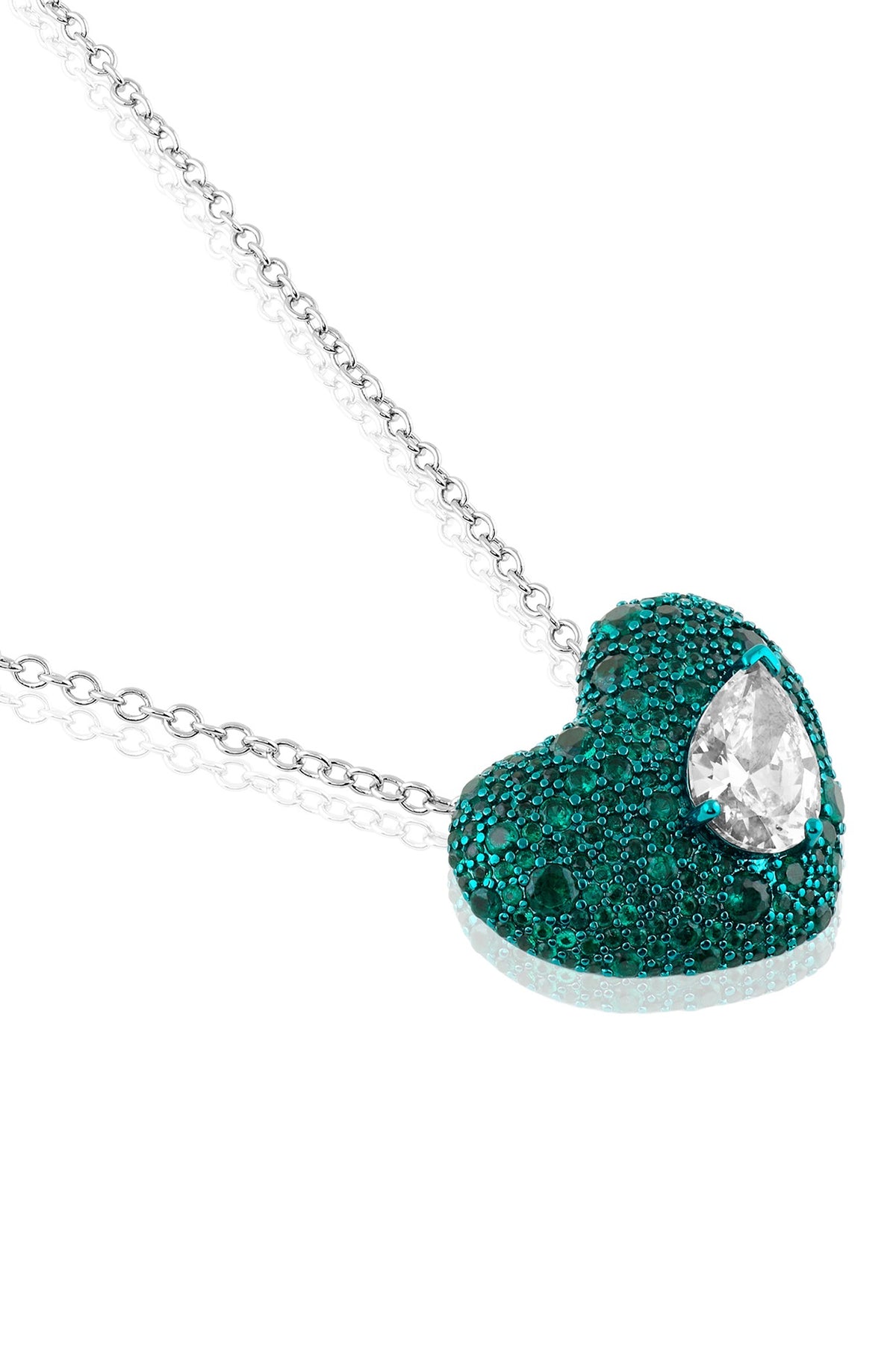 White Rhodium Finish CZ Green & White Stone Pendant Necklace
