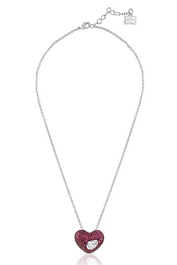 White Rhodium Finish CZ Red & White Stone Pendant Necklace