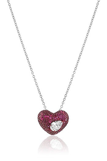 White Rhodium Finish CZ Red & White Stone Pendant Necklace