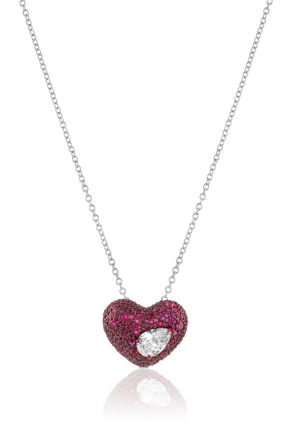 White Rhodium Finish CZ Red & White Stone Pendant Necklace