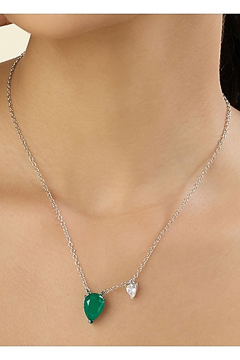 White Rhodium Finish Emerald Doublet Stone Pendant Necklace