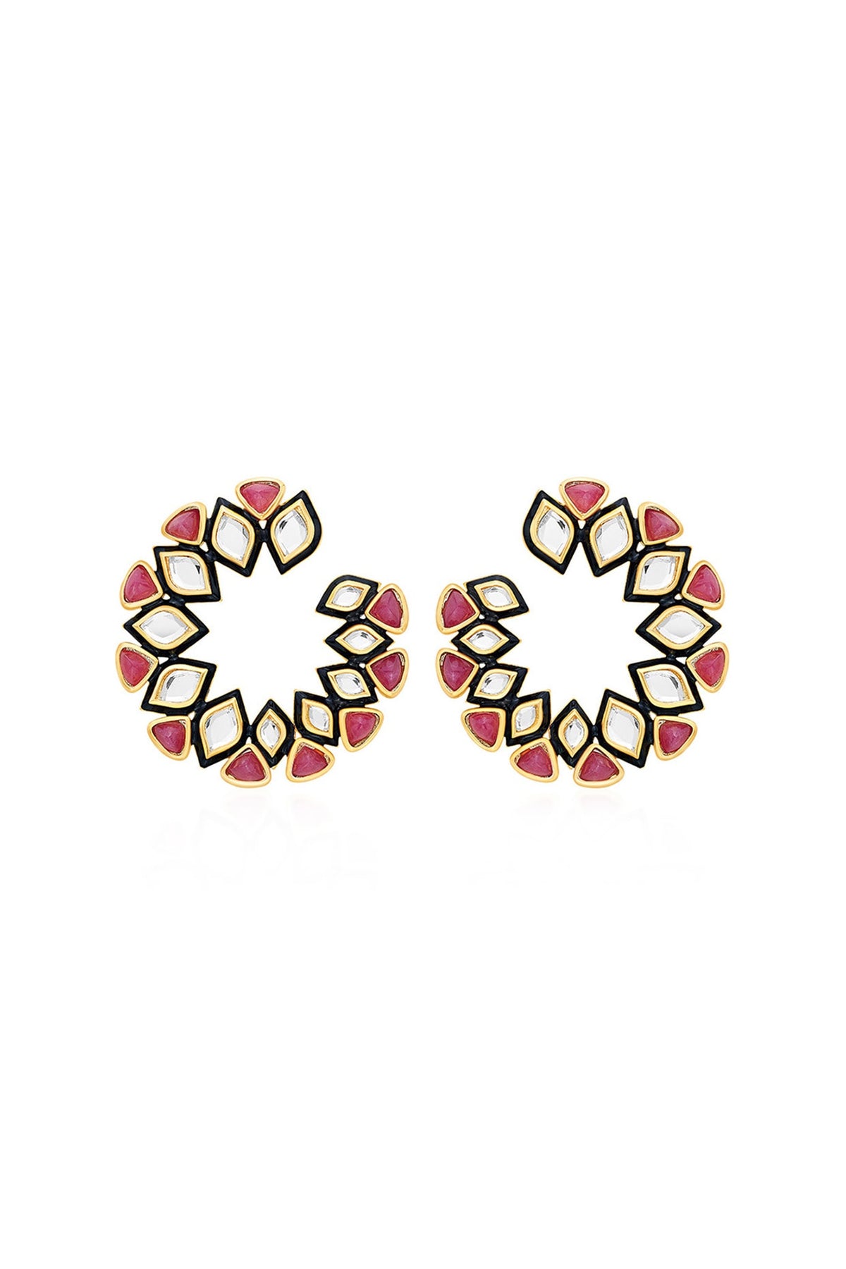 Gold Plated Mirror & Pink Enamel Hoop Earrings