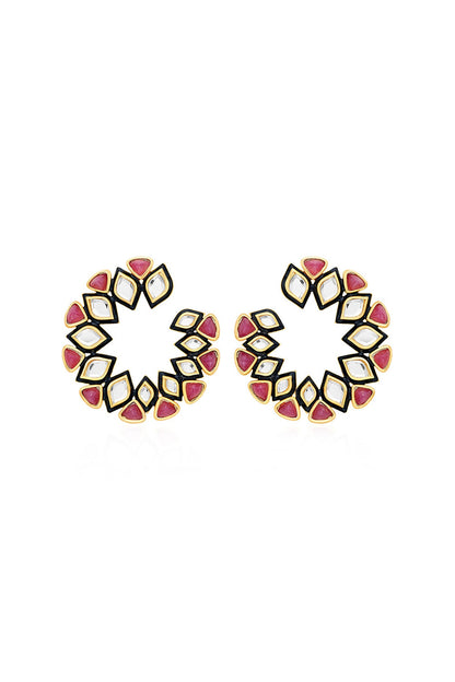 Gold Plated Mirror & Pink Enamel Hoop Earrings