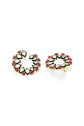 Gold Plated Mirror & Pink Enamel Hoop Earrings