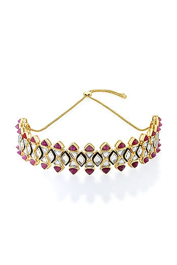 Gold Plated Pink Jade & Mirror Choker Necklace