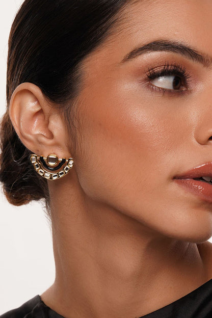 Gold Plated Mirror & Black Enamel Stud Earrings