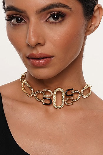 Gold Plated CZ & Mirror Link Choker Necklace