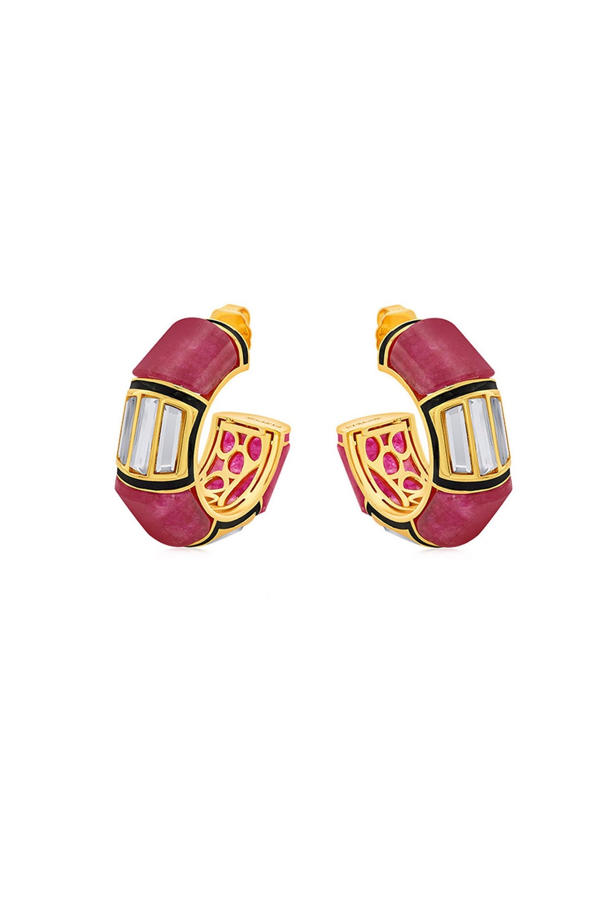 Gold Plated Pink Quartz & Mirror Hoop Earrings