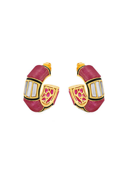 Gold Plated Pink Quartz & Mirror Hoop Earrings