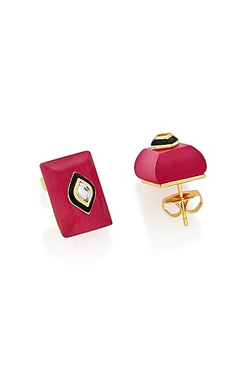 Gold Plated Mirror & Pink Jade Stud Earrings