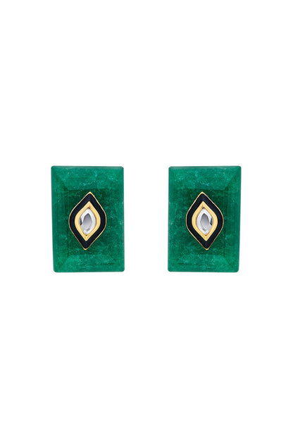 Gold Plated Mirror & Green Jade Stud Earrings