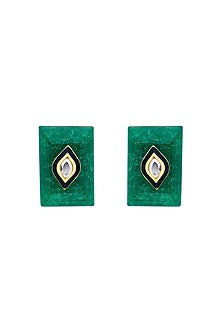 Gold Plated Mirror & Green Jade Stud Earrings
