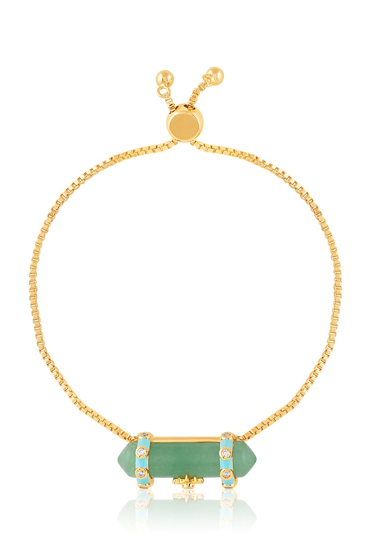 Gold Plated Crystal Zirconia & Green Aventurine Stone Enameled Bracelet