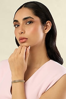 Gold Plated Pink & Green Crystal Zirconia Black Enameled Cuffs (Set Of 2)