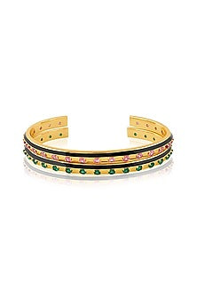 Gold Plated Pink & Green Crystal Zirconia Black Enameled Cuffs (Set Of 2)
