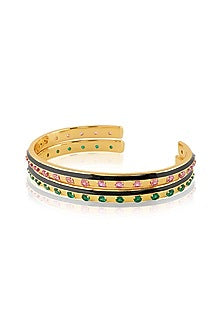 Gold Plated Pink & Green Crystal Zirconia Black Enameled Cuffs (Set Of 2)