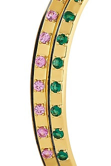 Gold Plated Pink & Green Crystal Zirconia Black Enameled Cuffs (Set Of 2)