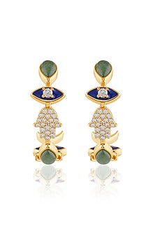 Gold Plate Crystal Zirconia & Green Aventurine Stone Blue Enameled Hoop Earrings
