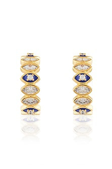 Gold Plated White Crystal Zirconia Blue & White Enameled Huggie Earrings