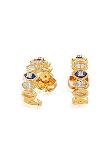 Gold Plated White Crystal Zirconia Blue & White Enameled Huggie Earrings
