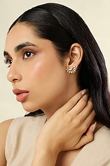 Gold Plated Crystal Zirconia Black Enameled Curved Stud Earrings
