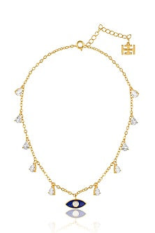 Gold Plated Crystal Zirconia Blue Enameled Evil-Eye Necklace