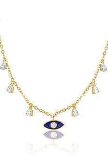 Gold Plated Crystal Zirconia Blue Enameled Evil-Eye Necklace