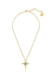 Gold Plated Green Aventurine Stone & Turquoise Beaded Cross Pendant Necklace