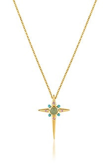 Gold Plated Green Aventurine Stone & Turquoise Beaded Cross Pendant Necklace