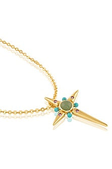 Gold Plated Green Aventurine Stone & Turquoise Beaded Cross Pendant Necklace