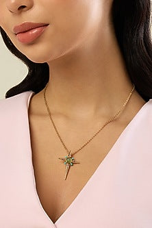 Gold Plated Green Aventurine Stone & Turquoise Beaded Cross Pendant Necklace