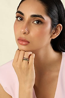 Gold Plated Pink & Blue Crystal Zirconia Enameled Rings (Set Of 2)