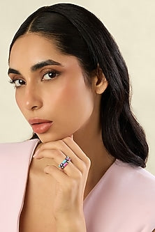 Gold Plated Crystal Zirconia Pink & Blue Enameled Rings (Set Of 2)
