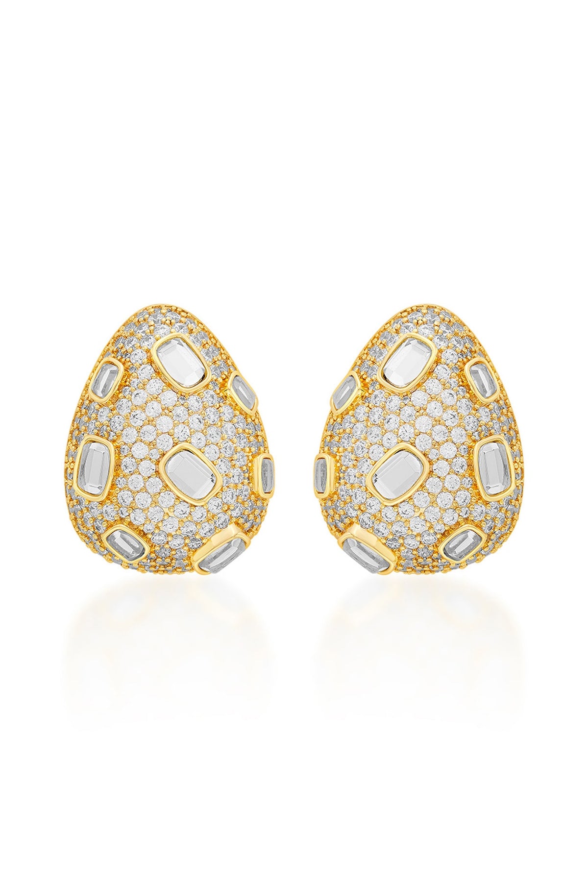 Gold Plated CZ & Mirror Teardrop Stud Earrings