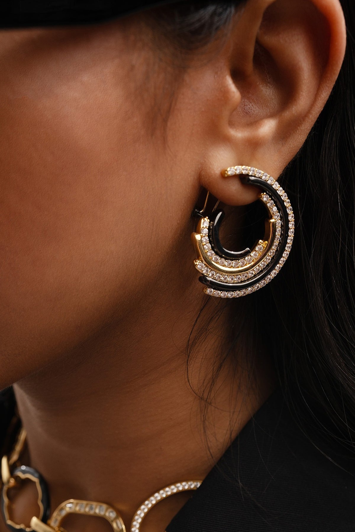 Two Tone Plated CZ Enameled Stud Earrings