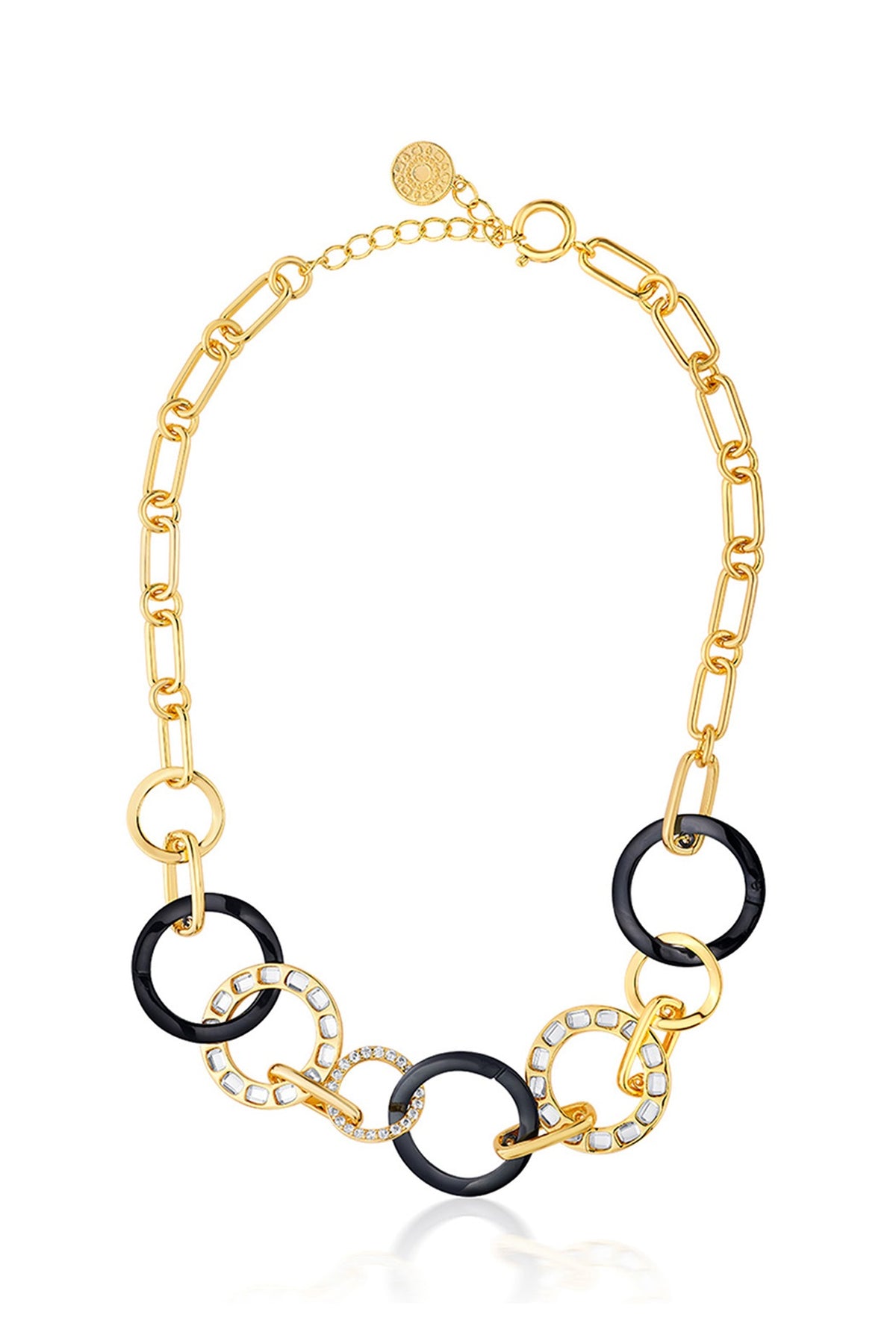 Two Tone Plated CZ & Mirror Enameled Inter Link Choker Necklace