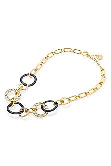 Two Tone Plated CZ & Mirror Enameled Inter Link Choker Necklace