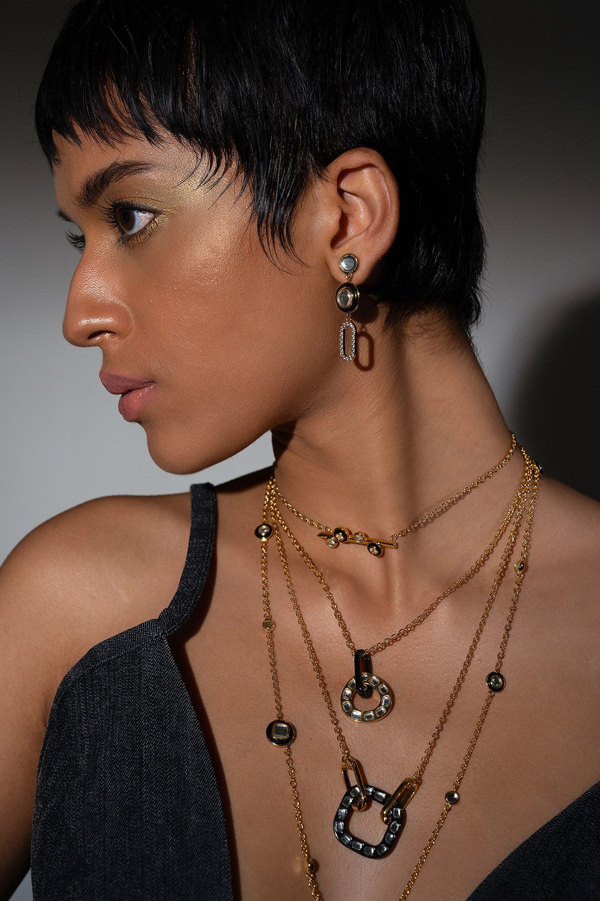 Two Tone Plated Mirror Enameled Layered Chain Necklace