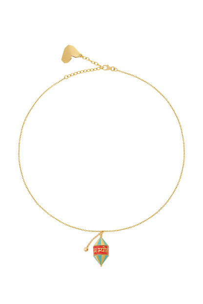 Gold Plated Blue Synthetic Stone Rotating Prayer Wheel Necklace